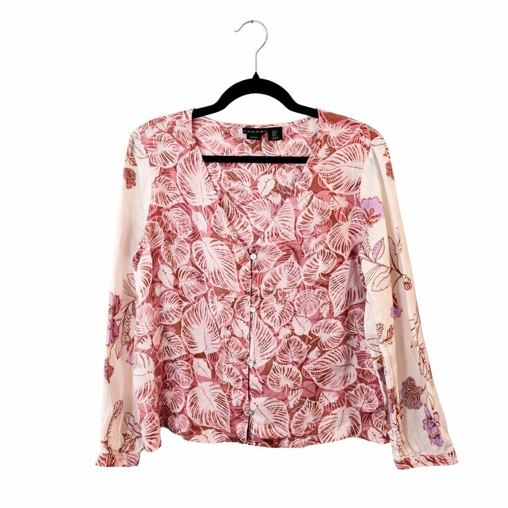 Tahari Button Down Blouse Women Size Small Pink 100% Linen Tropical Floral Print